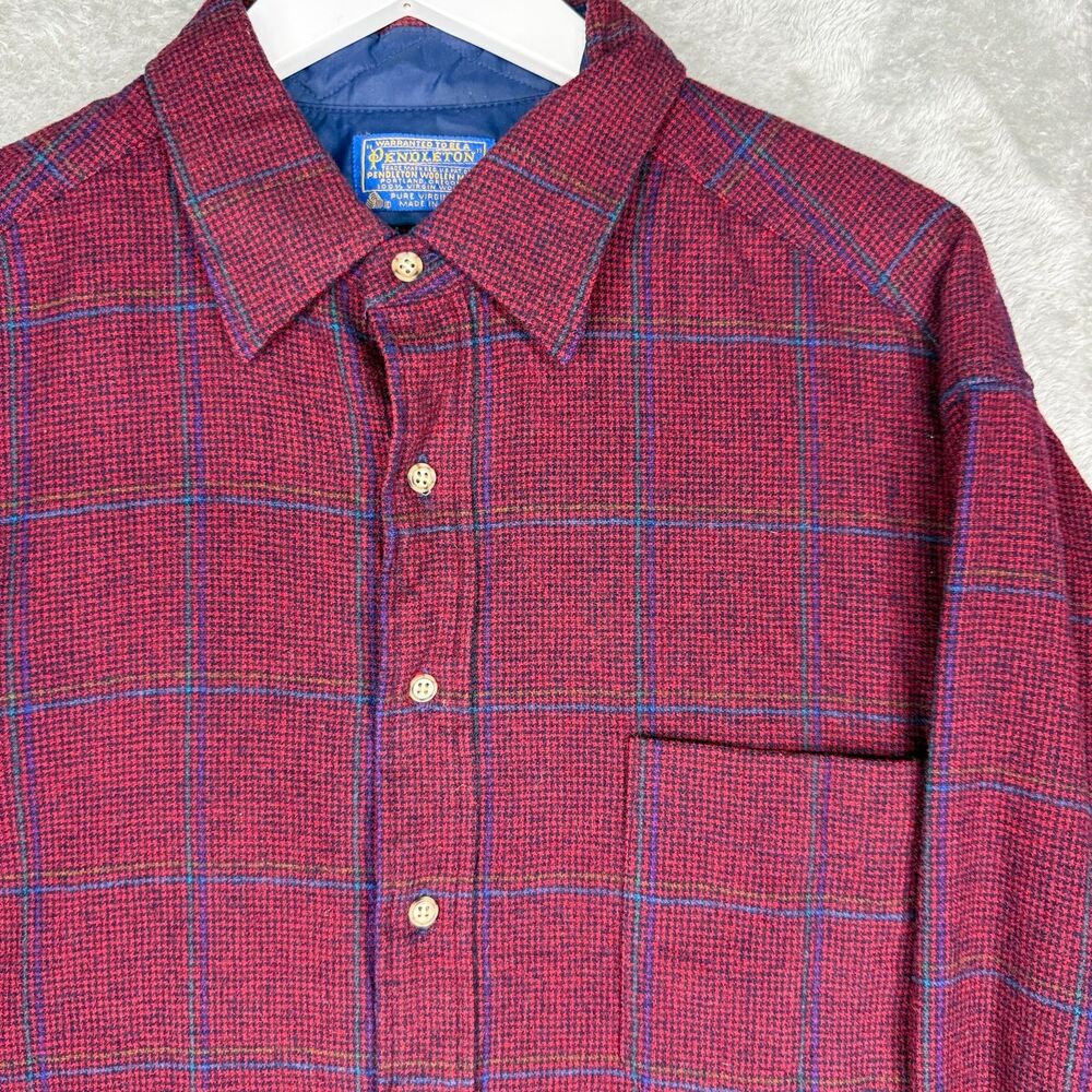 Vtg 80s Pendleton Shirt Mens XL Houndstooth Plaid Red 1x Virgin Wool Button Up